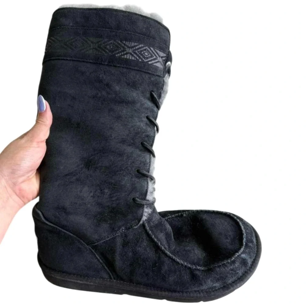 UGG Tularosa Black Suede Tall Lace Up Shearling Boots Size US 11